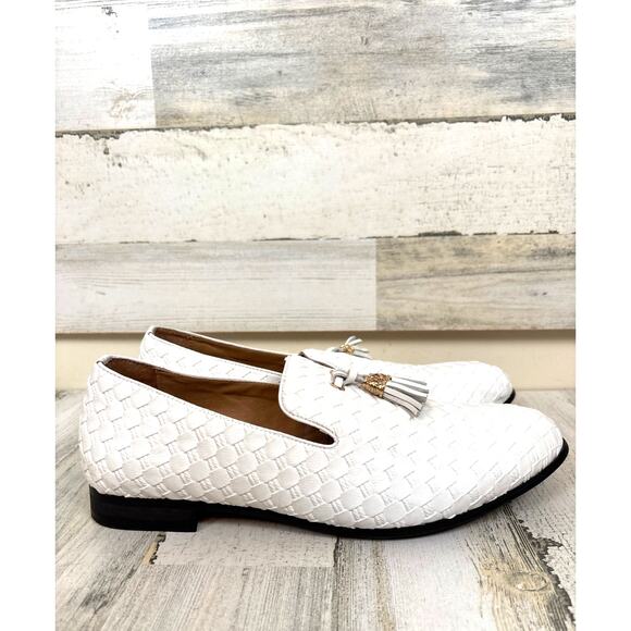 Meijiana Mens 10.5 White Woven Leather Tassel Loafers Business Dress Shoes Smart main image 8
